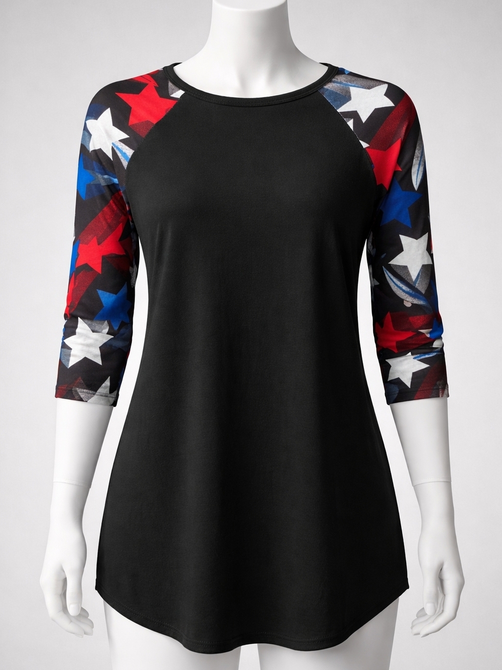 LuLaRoe Black Raglan Top with Red, Blue & White Star Sleeves